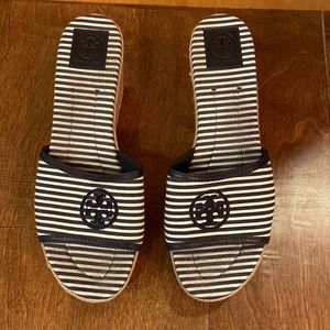Tory Burch navy and white stripe wedge heel sandal Size 10 1/2
